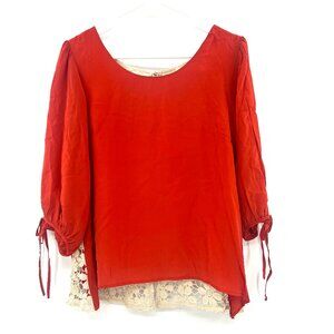 Anthropologie Stitch & Knot 100% Silk Blood Orange Crochet Back Blouse Large